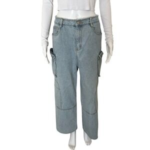 Mo-Bo Light Blue Cotton Utility Cargo Straight Leg Denim Jeans Size Medium